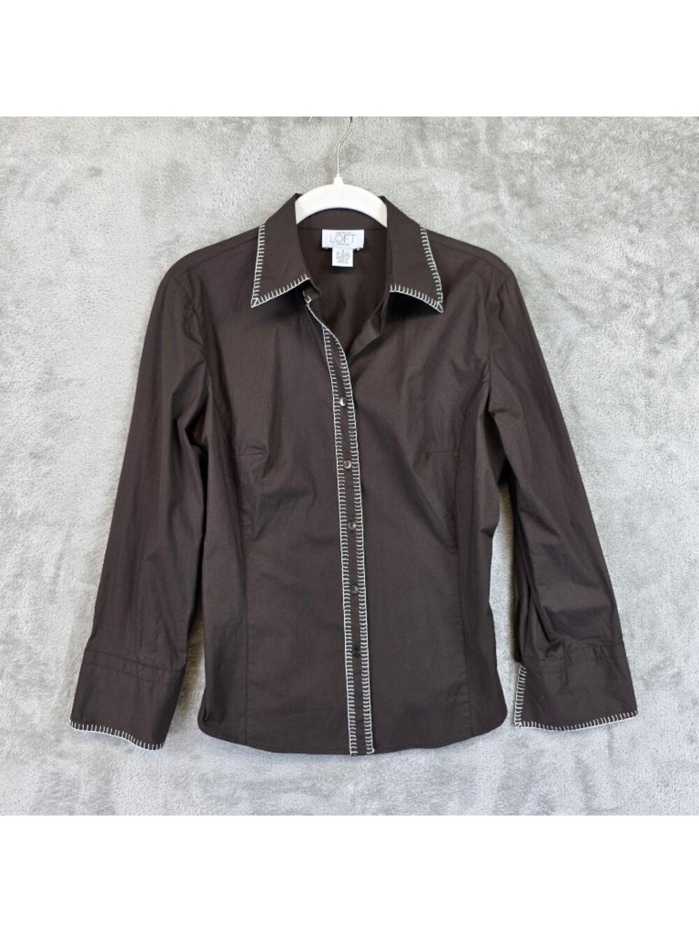 Ann Taylor LOFT Button Up Shirt Womens 6 Brown Collared 3/4 Sleeve Whipstitch